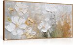 HPNIUB Large White Flower Framed Wall Art Modern White and Gold Floral Canvas Oi... - Image 2