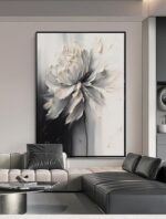 Hand Painted White And Black Flower Canvas Wall Art for Living Room,Large Framed... - Image 2