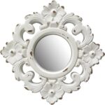 Handcarved Floral Wall Mirror Decoration, 11.8-inch Worn-Out White Country Wood ... - Image 2
