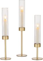 Hewory Gold Hurricane Candle Holders: Brass Candlestick Holders Set of 3 Tall Ta... - Image 2