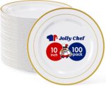 JOLLY CHEF 100 Pieces Gold Plastic Plates, 10 Inch Elegant Disposable Dinner Whi... - Image 2