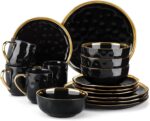 LOVECASA 16 Pieces Plates and Bowls Sets, Porcelain Black and Gold Dinnerware Se... - Image 2