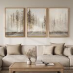 Large Framed Neutral Abstract Landscape Set of 3 Living Room Wall Art, Modern Mi... - Image 2