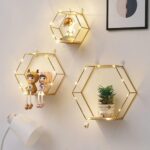 Liywall - Hexagon Floating Shelves Wall Decor, Gold Metal Wire and Wood Wall Mou... - Image 2