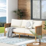 Merax 76.5" Outdoor Acacia Wood Wicker 3 Seater Sofa, Patio Furniture Couch for ... - Image 2
