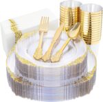 Nervure 175PCS Clear Gold Plastic Plates - Gold Disposable Dinnerware Set for 25... - Image 2