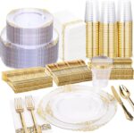 Nervure 350PCS Clear Gold Plastic Plates - Gold Plastic Dinnerware Sets for 50 G... - Image 2