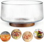 NiHome Extra Large Glass Salad Bowl with Natural Acacia Wood Base, Ribbed Design... - Image 2