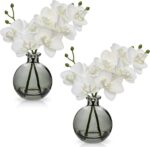 Oairse White Orchids Artificial Flowers Faux Orchid Arrangement with Black Glass... - Image 2
