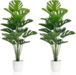 SAJANDAS Set of 2 Artificial Monstera Deliciosa Plants in Pots, Fake Tropical Tr... - Image 2