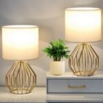 Small Gold Table Lamps, Set of 2 Bedside Nightstand Lamps with White Fabric Shad... - Image 2