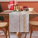 Table Runner, Velvet Sequin Luxury Runner with Glitter Golden Feather Trim Strip... - Image 2
