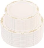 U-QE 100 PCS Ivory Plastic Plates with Gold Rim - Gold Plastic Plates for Party ... - Image 2