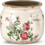 Vintage Planter Large Ceramic Plants Pot Beige Pink French Rose Ice Crack Cottag... - Image 2