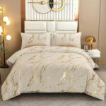 WONGS BEDDING Gold Metallic Marble Khaki Comforter Set California King Foil Prin... - Image 2