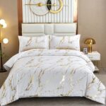 WONGS BEDDING White Gold Metallic Marble Comforter Set Queen Foil Print Glitter ... - Image 2