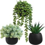 Winlyn Set of 3 Artificial Succulent Plants in Black Concrete Pots Faux Aloe Hop... - Image 2