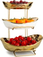 YYW 3 Tier Fruit Bowl for Kitchen Counter, White Gold Ceramic Fruit Stand for Co... - Image 2