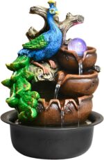 12.6" Peacock Indoor Tabletop Water Fountain + Free 10 Natural Crystals, RGB LED... - Image 2