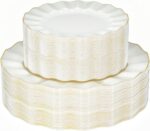 120PCS Ivory White Plastic Plates, Heavy Duty Disposable Party Plate with Gold R... - Image 2
