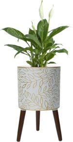 12inch Plant Pots with Wood Planter Holder Indoor Flower Pot with Gold Floral Em... - Image 2