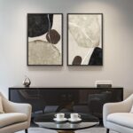 Framed Neutral Abstract Wall Art Set of 2, Modern Black Beige Brown Canvas Print... - Image 5