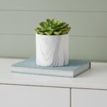 HomeRoots White and Gray Ceramic 41 Ounce Faux Marble Round Pot Planter - Image 3