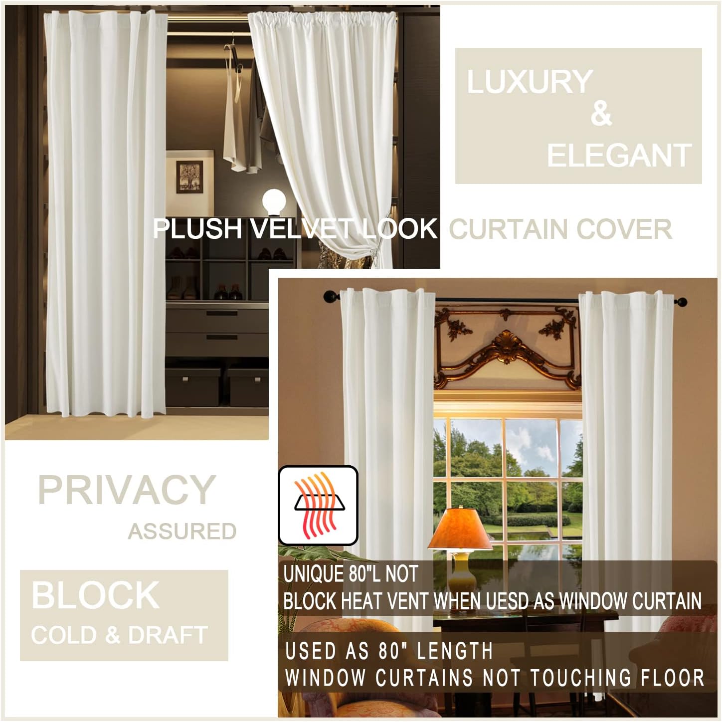 Cream Colored Room Darkening Curtains 80 Inch Length for Bedroom Closet Door,Lig... - Image 4