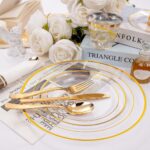 DaYammi 350PCS Clear Gold Plastic Dinnerware Set for 50 Guests Gold Plates Dispo... - Image 3