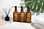 Frosted Amber Glass Shampoo and Conditioner Dispenser Set – Refillable 16 oz Pum... - Image 3