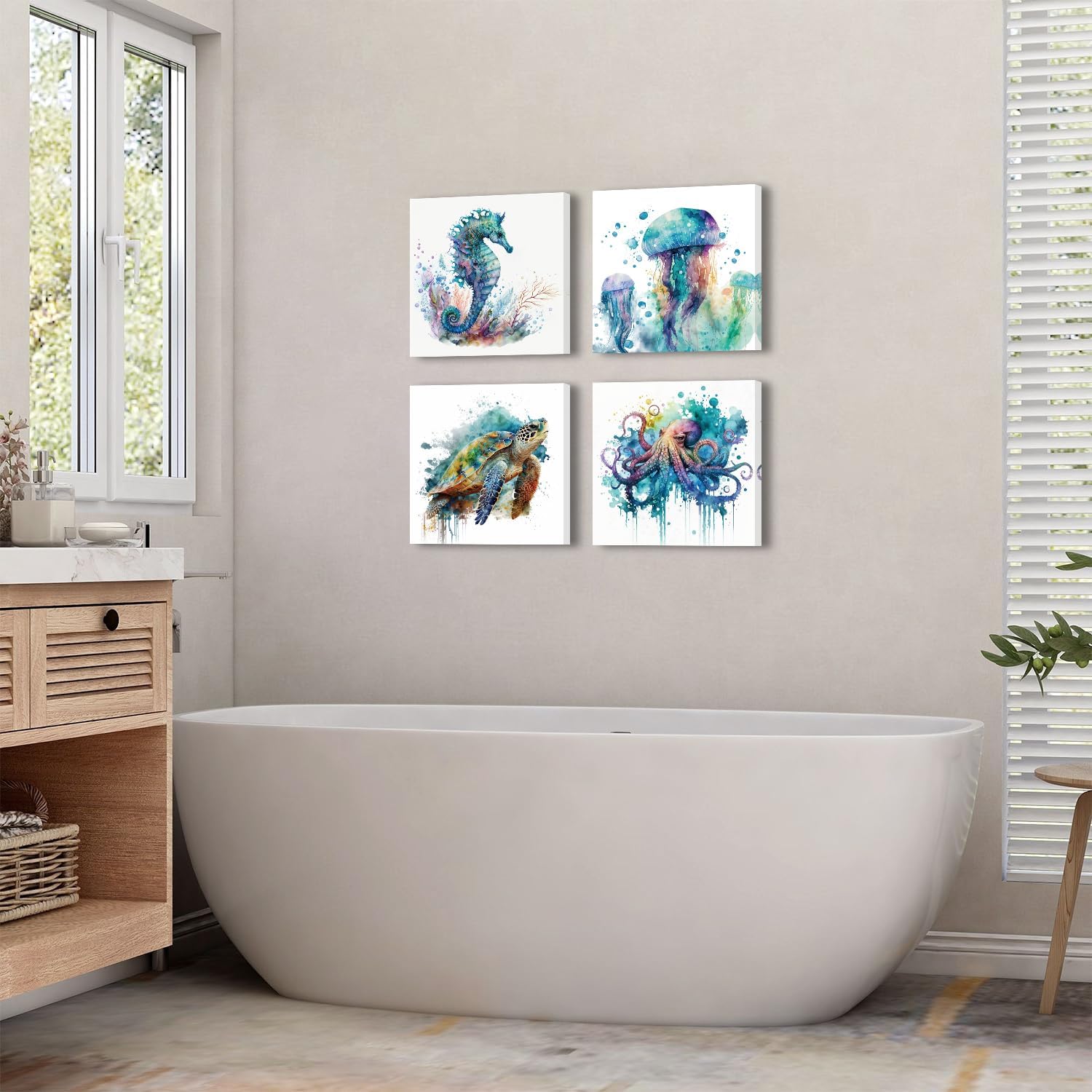 Watercolor Octopus Seaturtle Seahorse Jellyfish Wall Art Beach Bathroom Decor Se... - Image 3