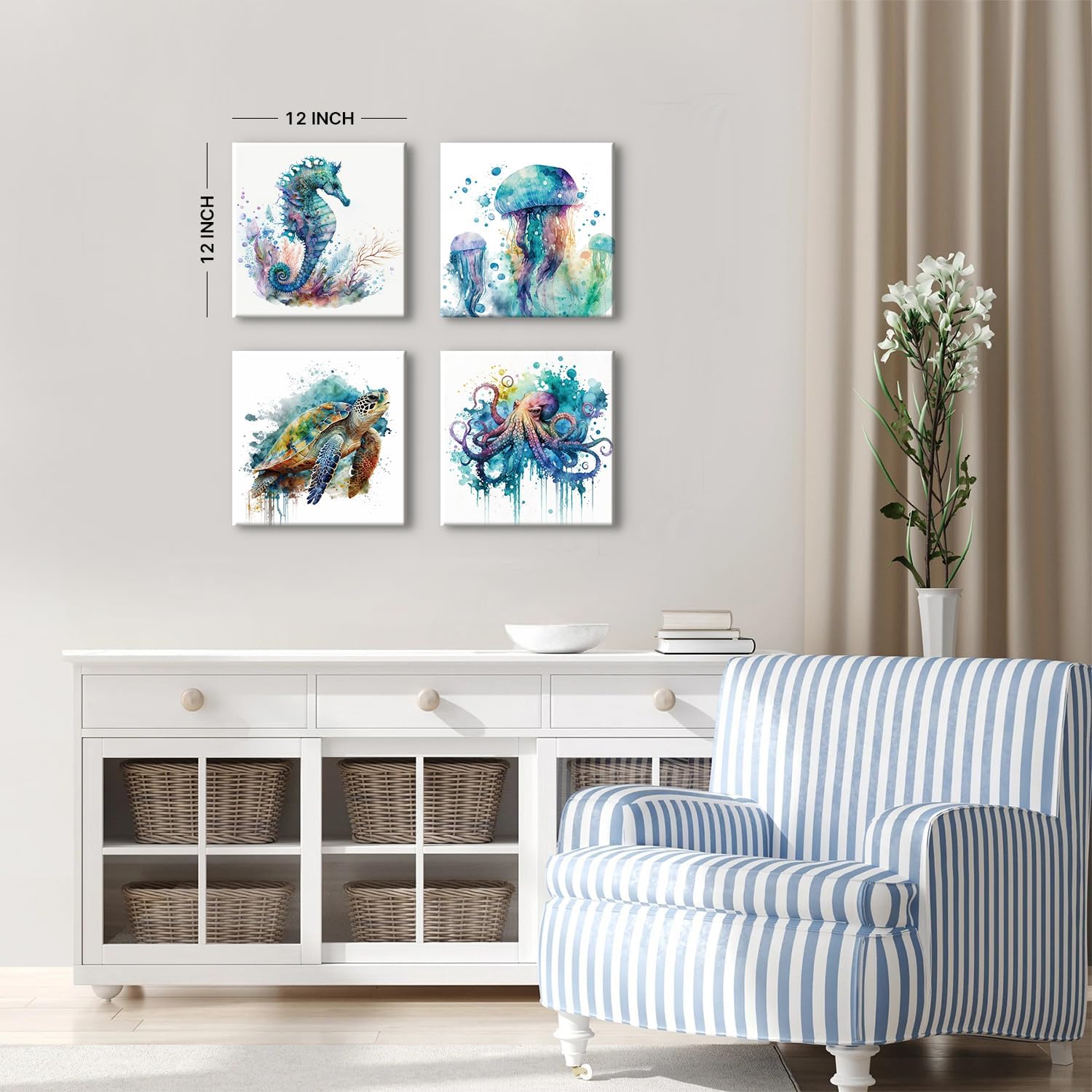 Watercolor Octopus Seaturtle Seahorse Jellyfish Wall Art Beach Bathroom Decor Se... - Image 5