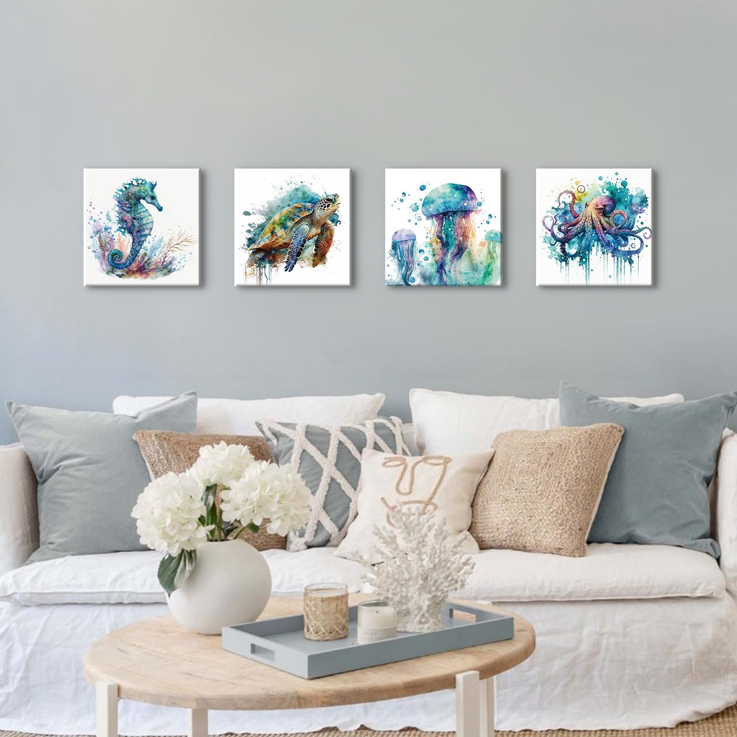 Watercolor Octopus Seaturtle Seahorse Jellyfish Wall Art Beach Bathroom Decor Se... - Image 6