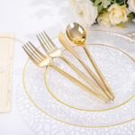Rubtlamp 150Pcs Plastic Plates, Heavy Duty Clear Plates With Gold Rim, Hammered ... - Image 4