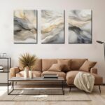 White and Grey Canvas Wall Art Set of 3 Abstract Beige Gold Marble Fluid Wall De... - Image 3