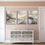 White and Grey Canvas Wall Art Set of 3 Abstract Beige Gold Marble Fluid Wall De... - Image 6
