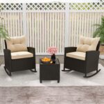 ORALNER 3 Pieces Patio Furniture Set, Outdoor Wicker Rocking Chairs with Soft Cu... - Image 4