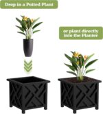 Lattice Design Outdoor Planter Box - 14.75” Square 13” Tall Black Plant Pot - De... - Image 4