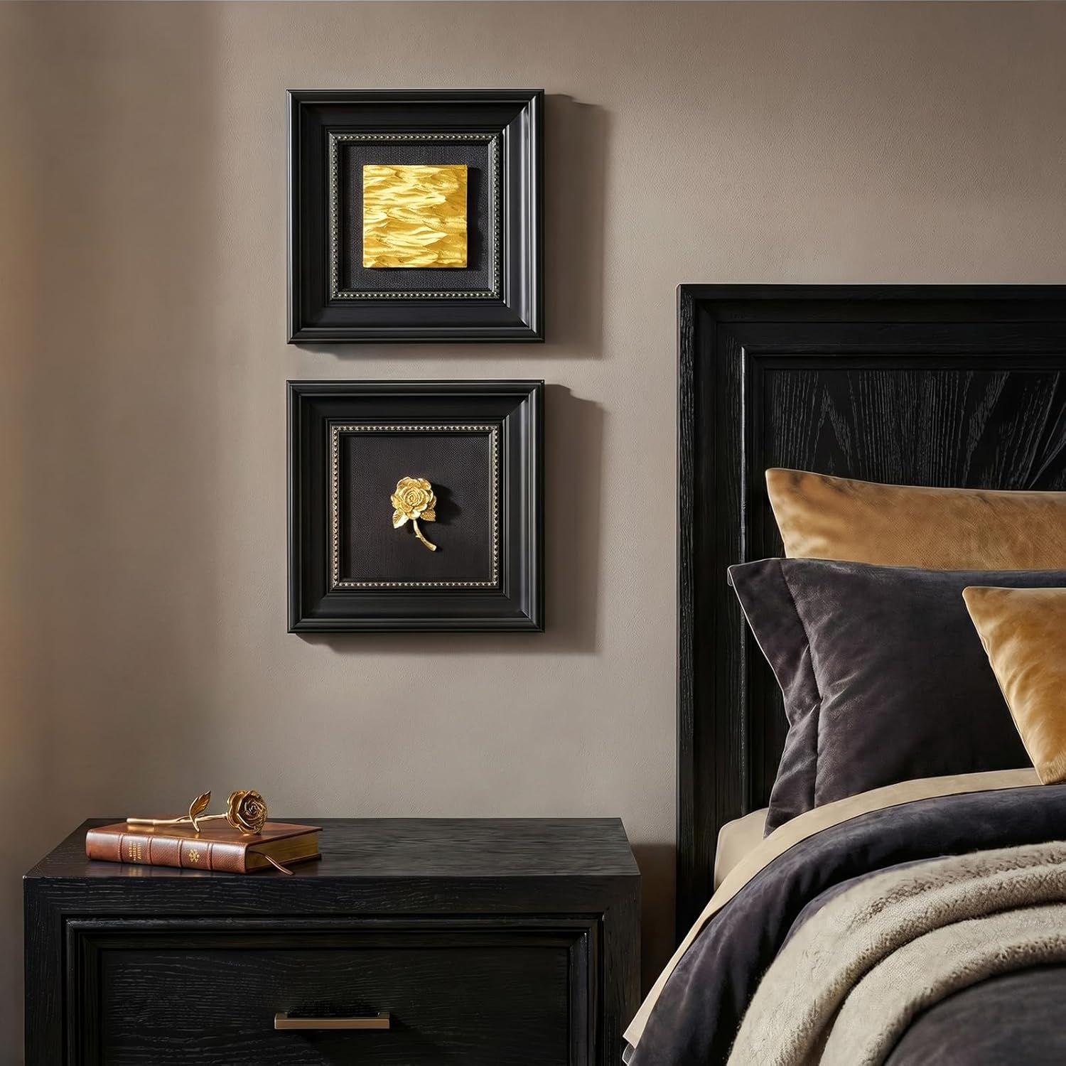 Vintage Framed Wall Art Decor, Set of 2 Black and Gold Textured Floral Rose Scul... - Image 3