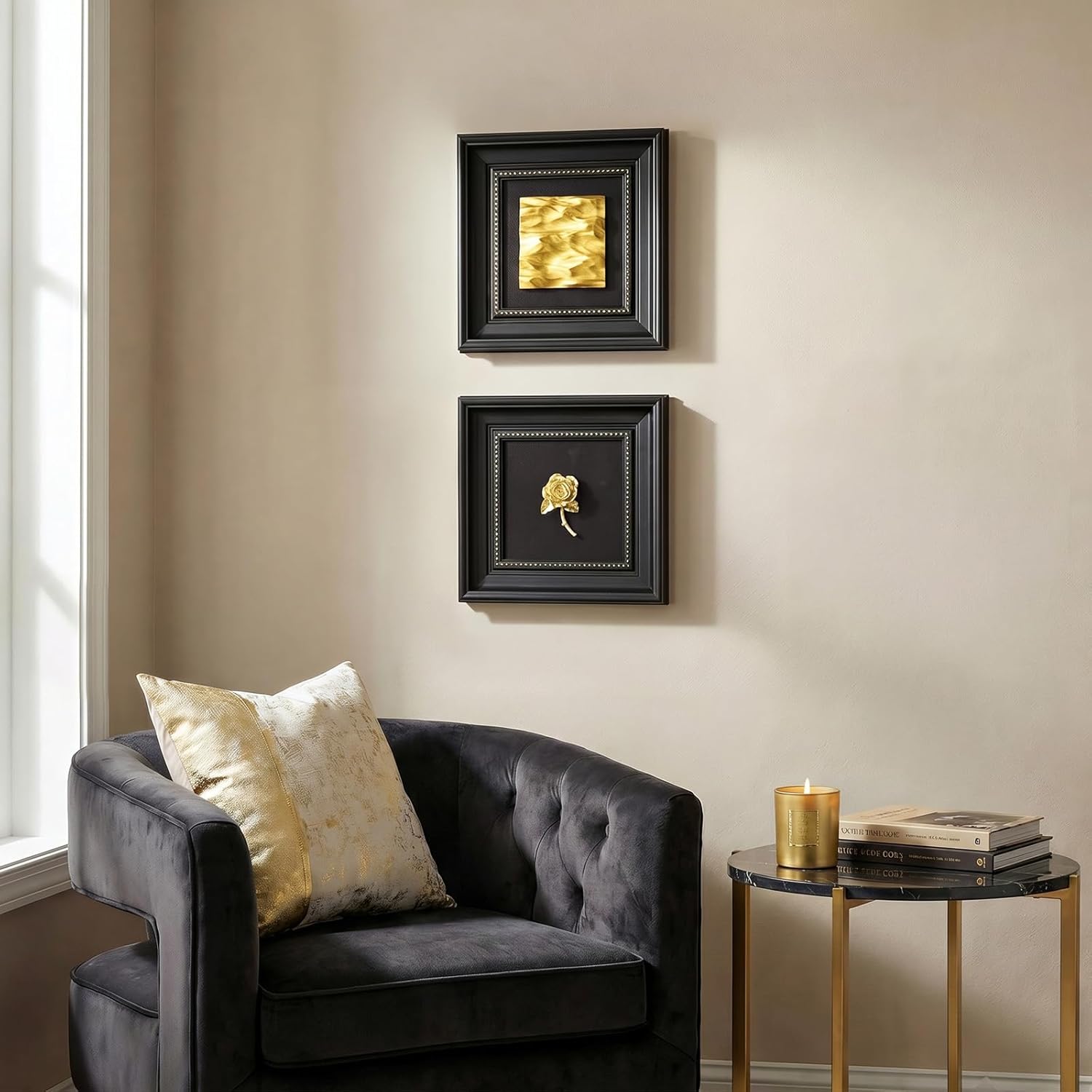 Vintage Framed Wall Art Decor, Set of 2 Black and Gold Textured Floral Rose Scul... - Image 4
