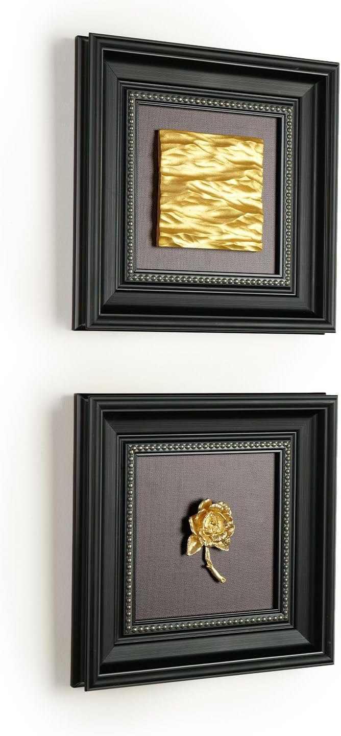 Vintage Framed Wall Art Decor, Set of 2 Black and Gold Textured Floral Rose Scul... - Image 9