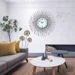 Modern Luxury Round Wall Clock, Metal Silver Crystal Quartz Sunburst Design Deco... - Image 3