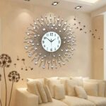 Modern Luxury Round Wall Clock, Metal Silver Crystal Quartz Sunburst Design Deco... - Image 4