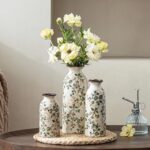 Ceramic Vase Set of 3, Vintage Green & Beige Chinoiserie Floral Vases, Rustic Gr... - Image 3
