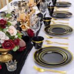 WELLIFE 600 PCS Black and Gold Disposable Dinnerware Set for 100 Guests, Gold ri... - Image 3