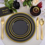 WELLIFE 600 PCS Black and Gold Disposable Dinnerware Set for 100 Guests, Gold ri... - Image 4