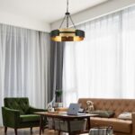 Modern Chandelier 26" Industrial Light Fixture Black and Gold 5-Light Large Drum... - Image 6