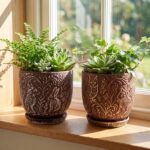 Decorative Ceramic Planter Pot with Saucer, Brown with Gold and Silver Owl Patte... - Image 4