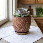 Decorative Ceramic Planter Pot with Saucer, Brown with Gold and Silver Owl Patte... - Image 5