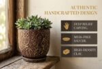 Decorative Ceramic Planter Pot with Saucer, Brown with Gold and Silver Owl Patte... - Image 6